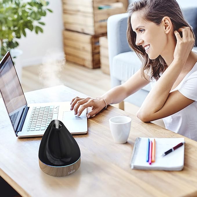 Pure Enrichment PureSpa Natural Aromatherapy Oil Diffuser (Black) - Ultrasonic Air Deodorizer with 200ml Water Tank, Wood-Grain Accents, Soft Color-Changing Lights, and Auto Safety Shut-Off