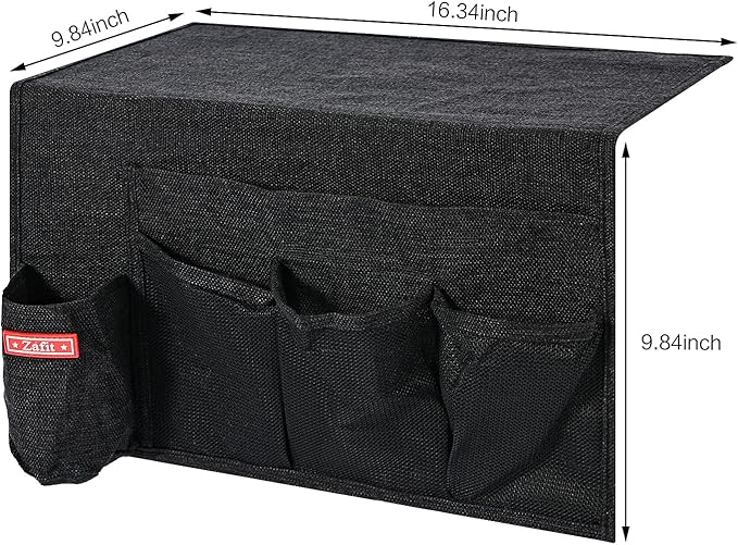 Linen 5 Pockets Bedside Caddy, Bedside Storage Organizer with Water Bottle Holder for Magazine, Remotes, Phone (Black)