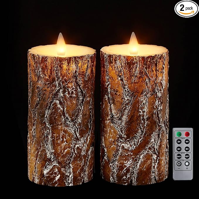 Pine Flameless Pillar Candles Flickering with Remote Timer, Battery Operated LED 3D Moving Flame Real Wax Candles, Set of 2, D3 x H6,Remote Included (Pine)