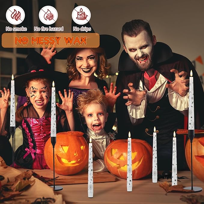 Halloween Candles with Spider Web, Spider, 9.6”Real Wax Flameless Taper Candles with Remote & Timer, 3 Pack Battery Operated Halloween Led Candlesticks for Party Home Decor
