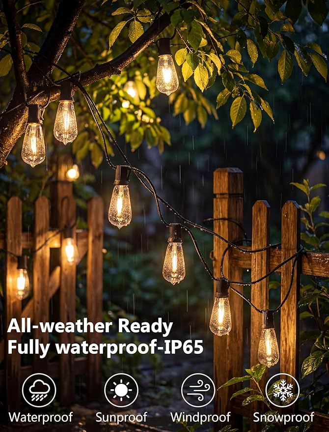 45FT Outdoor String Lights, 30 ST40 Shatterproof Vintage Edison Bulbs, Black Cord Waterproof LED Plug-in Commercial Patio Light, Hanging Decor for Large Backyard Wedding