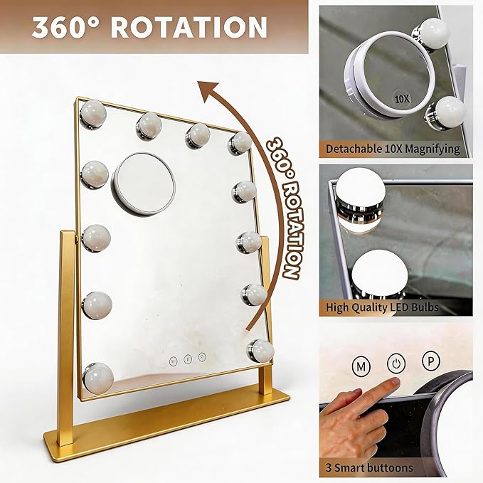 Makeup Vanity Mirror with Lights 17.12"x13.77" LED Makeup Mirror Detachable 10X Magnification, Hollywood Make Up Mirror with Lighting, Smart Touch, Rechargeable,360° Rotation, (Gold)