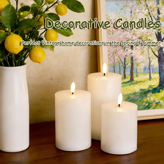 Flameless Pillar Candles with Remote, 3 Pack Battery Operated Real Wax LED Candles, LED Candle that Perfect for Home Decorations Fireplace Table, White