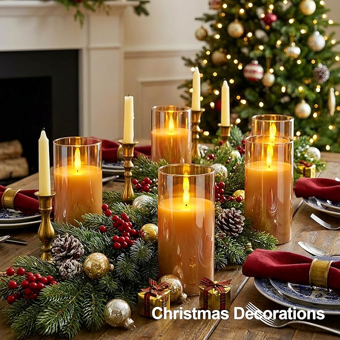 5plots Flameless Battery Operated Candles Set of 2, Gold LED Candles with Remote Timer, Real Wax Glass Pillar Candles Warm Flickering Light for Indoor Home, Halloween, Christmas Decor D3 x H6 6"