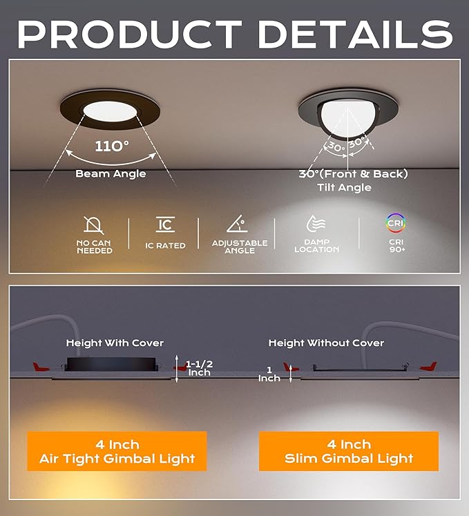 CLOUDY BAY [4 Pack] 4 inch 5 Color Swivel LED Gimbal Recessed Light with Junction Box IC Rated Air Tight,120V CRI90+,2700K/3000K/3500K/4000K/5000K Selectable,Black