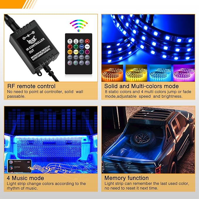 GOOACC RGB Truck Bed Light Strip 2PCS 60" 180 LEDs Neon Accent Lighting with RF Remote On/Off Switch Splitter Extension Cable for 12-Volt Car Cargo Pickup SUV RV Boat