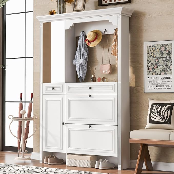 54.7'' Hall Tree with Integrated Shoe Cabinet and Mirrored Cabinet Door, Coat Hanger, Entryway Bench, 4 Hooks and 2 Cabinets, 4-in-1 Design Hall Tree with 2 Flip Drawers for Entrance, Living Room
