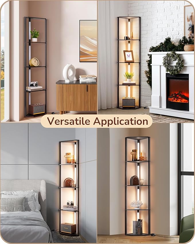 EDISHINE 64" Corner Shelf Floor Lamp for Living Room, Modern LED Corner Light with Shelves, 3CCT, Stepless Dimmable Tall Floor Light for Bedroom, Office, Dining Room, 3000K 4000K 5000K, Black Walnut