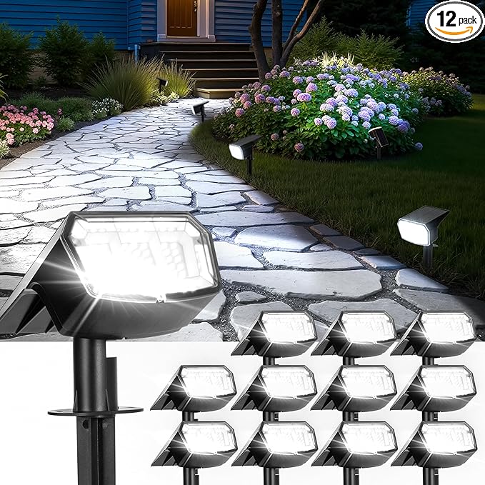 Solar Spot Lights Outdoor IP67 Waterproof 12 Pack, 63 LED 3 Modes Solar Landscape Spotlights for Yard Garden Pathway Wall House Garage (Cool White)