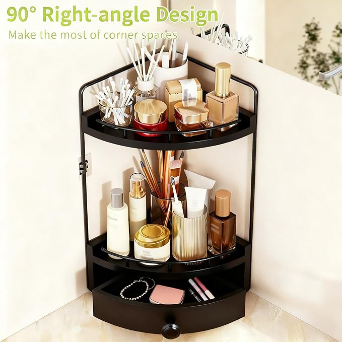 2-Tier Corner Bathroom Countertop Organizer with Drawer, Wooden Vanity Organizers for Makeup and Skincare Storage, Corner Counter Shelf with Embedded Screw Holes, Black
