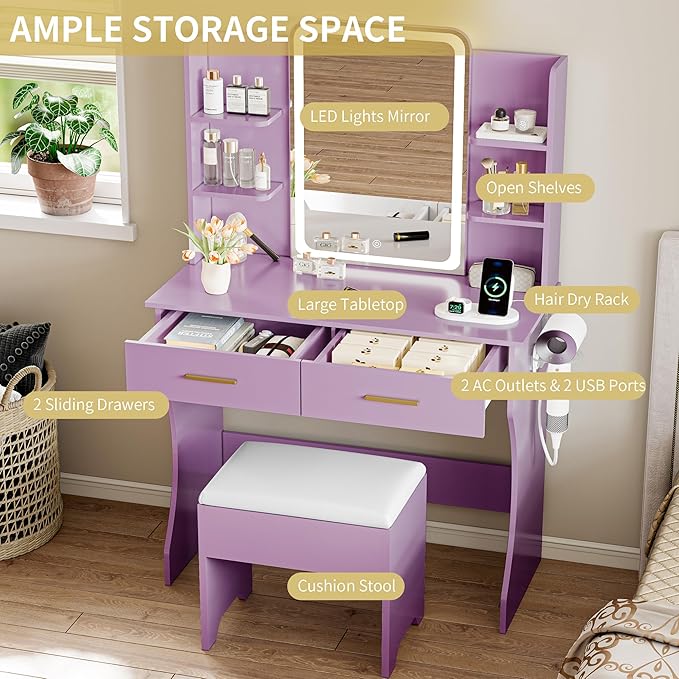 Vanity Desk with LED Lights Mirror & Power Outlet, Small Makeup Vanity Table Set with Storage Drawers & Chair, 3 Lighting Modes & Adjustable Brightness, Dressing Table for Women Girls Bedroom, Purple
