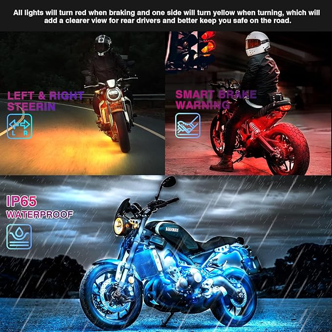 8 Piece RGB Motorcycle LED Underglow Kit with Brake Turn Signal, APP Control Music Sync, 24/4 Key Dual Remote, Waterproof Multicolor Motorcycle Strip Light for Harley Davidson Kawasaki ATV Golf Cart