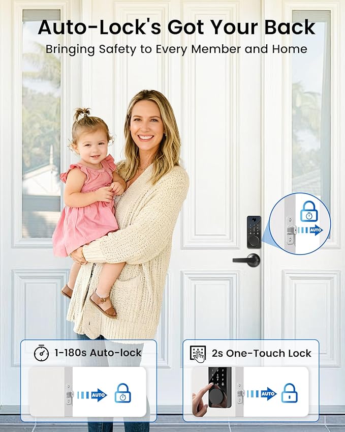 Smart Deadbolt Lock, Fingerprint Keyless Entry Door Lock App Control, Electronic Touchscreen Keypad, Auto Locking, IP54 Weatherproof, Easy Install Digital Deadbolt for Front Door