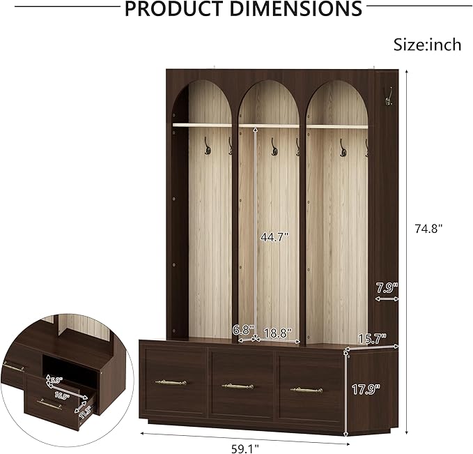 Bellemave Farmhouse Hall Tree with Bench and 3 Drawers, Entryway Bench with Coat Racks and Shoe Storage, 4 Hooks and Shelves (Walnut)