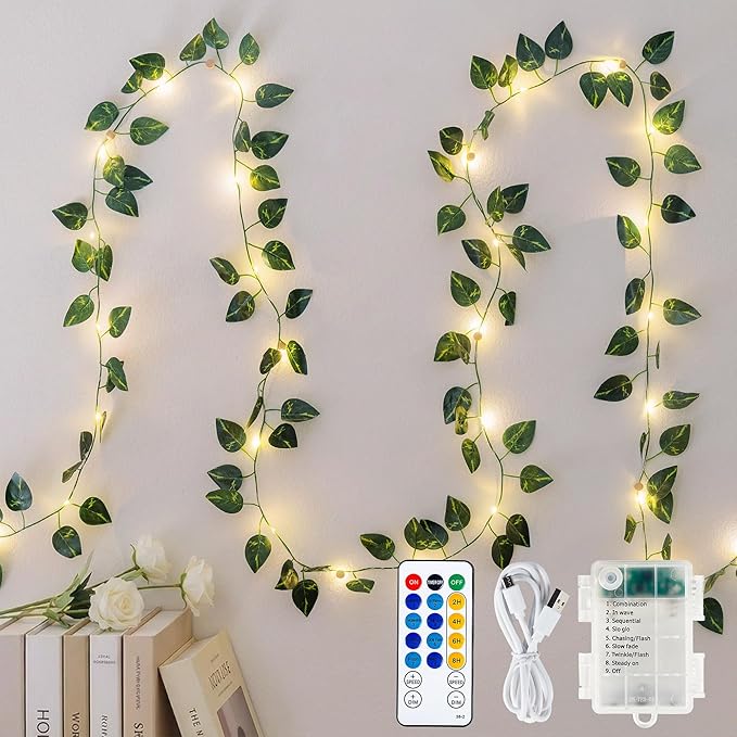 Pothos Green Vine Garland with 40 LED Fairy Lights – Modern Wall Greenery Decor with Remote, 8 Modes & Timer, USB or Battery Powered for Apartment & Indoor Spaces