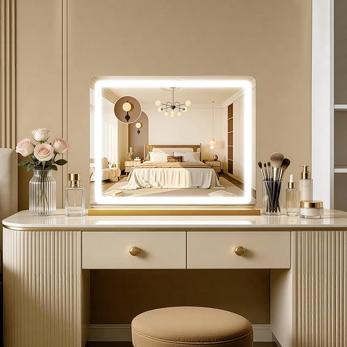 ROLOVE 23"x18" Gold Vanity Mirror with Lights, Large Lighted Makeup Mirror with 10X Magnifier, 3 Color Lighting & Stepless Dimming, Wall Mounted or Tabletop Desk Mirror for Bedroom