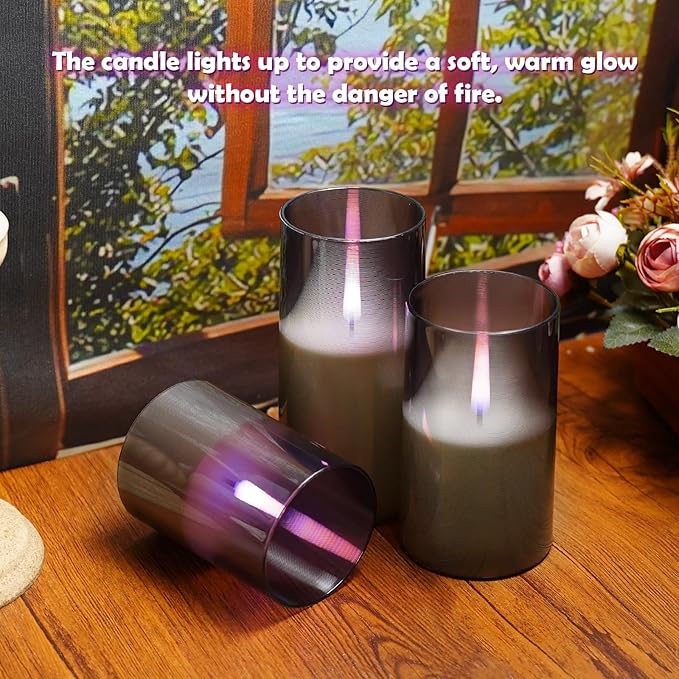 Flameless Candles Upgraded Realistic Flickering Flame,Battery Operated LED Candles with Remote Timers,Acrylic Electric Candles Set of 3(D 3" xH 4" 5" 6")（Grey）