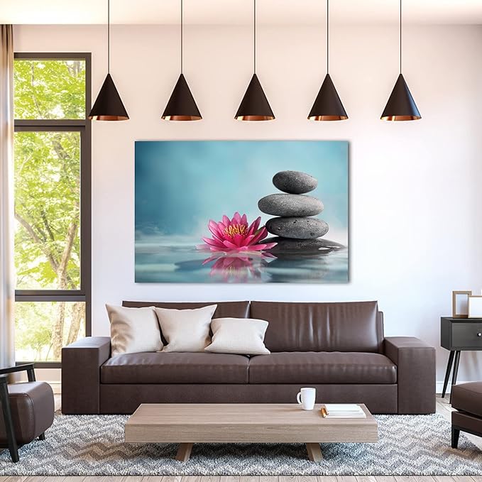 GUTTATY Zen Wall Art Decor, Modern Bathroom Zen Decor Wall Art, Zen Relaxing Canvas Wall Art for Spa Room Decor, Black Pebble and Pink Flower Zen Art Prints for Office & Spa Wall Decor 24x36 Inches