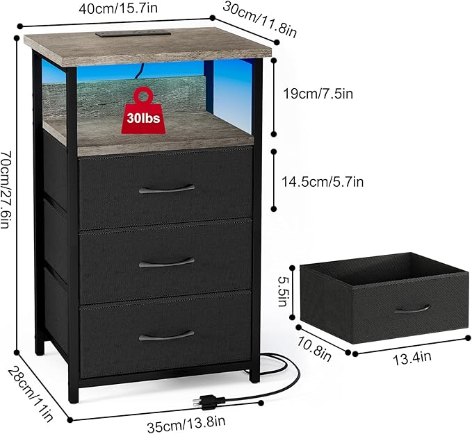 Fixwal Night Stand with Charging Station, LED Nightstand with Fabric Drawers, End Table with PU Finish, Bed Side Table, French Oak