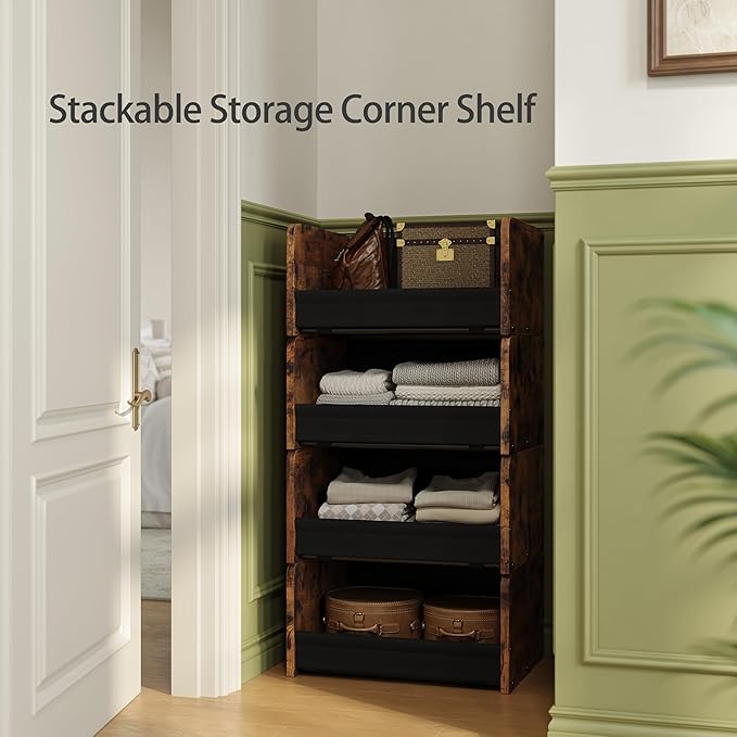 FOUCSSOMEI Closet Organizer and Storage, 4 Tier Stackable Storage Organizer, Wooden & Metal Closet Shelves, Modular Clothes Organizer, Storage Shelf, Bedroom & Closet Organization, Patent Design