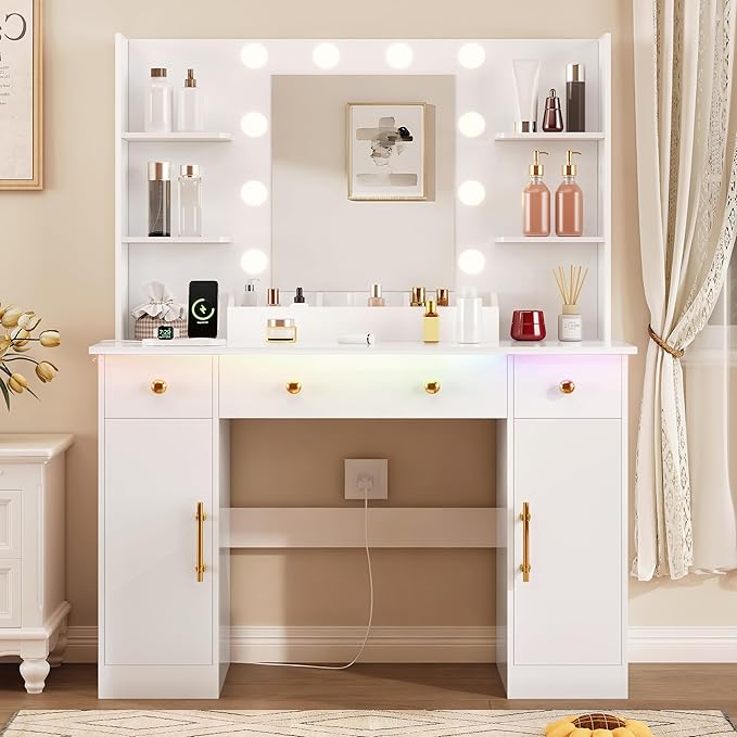 Vanity Desk with Mirror and Lights, Makeup Vanity with Mirror and LED Lights & Power Outlet, 3 Drawers and Cabinets, 3 Lighting Modes Dressing Table Set for Girls Women Bedroom, White