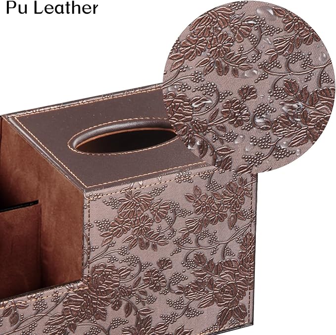 Fanousy Square Tissue Box Cover with Storage, PU Leather Cube Tissue Box Holder, Remote Control Nightstand Organizer, Modern Desk Caddy for End Table, Bathroom, Bedroom, Home, Office Decor