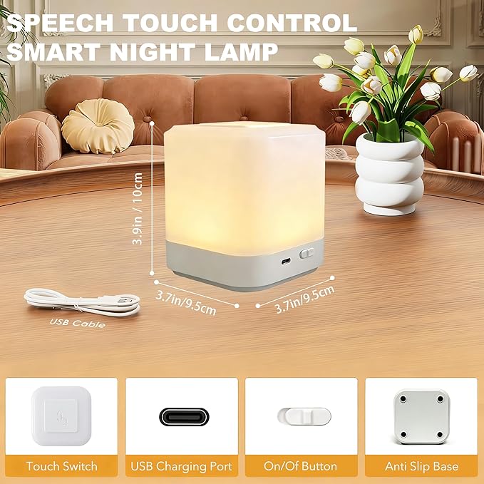 Touch Lamp for Nightstand,Speech Control Bedside Lamp Touch Control for Bedrooms,Smart Rechargeable Night Light,Eye Caring Battery Dimmable Night Lamp for Nursery Kids & Adult