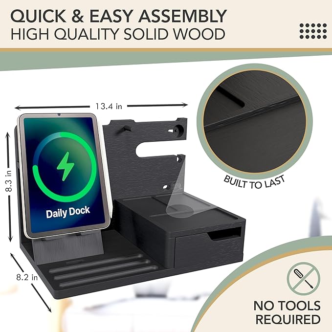 Nightstand Organizer- Bedside Docking Station for Men- Unique Gifts for Husband, Father or Dad from Wife, Son or Daughter- Desk Organizer for Phone, Watches, Wallet & Accessories (Black)