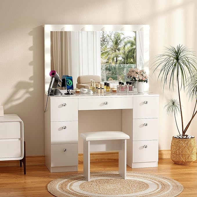 SMOOL Vanity with Lighted Mirror, Makeup Vanity Desk with Power Outlet and LED Bulbs, 3 Color Lighting Modes Adjustable Brightness, 7 Drawers Vanity Table with Cushioned Stool for Bedroom, Marble