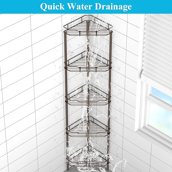 HuggieGems 5 Tier Floor Standing Corner Shower Caddy Organizer Shelf with Hooks, Bathroom Shelves Stand Rack, Bronze