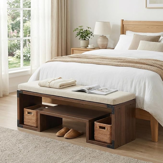 Tribesigns Shoe Storage Bench with Cushion, 47" Entryway Bench with Storage Shelf and Removable Padded Seat for Entryway, Hallway, Living Room, Bedroom, Vintage Brown