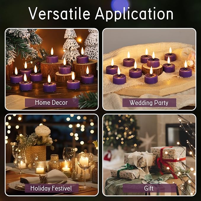 Eywamage Purple Flameless Wax Tealights with Remote Batteries, Flickering LED Tea Votive Candles Set of 10
