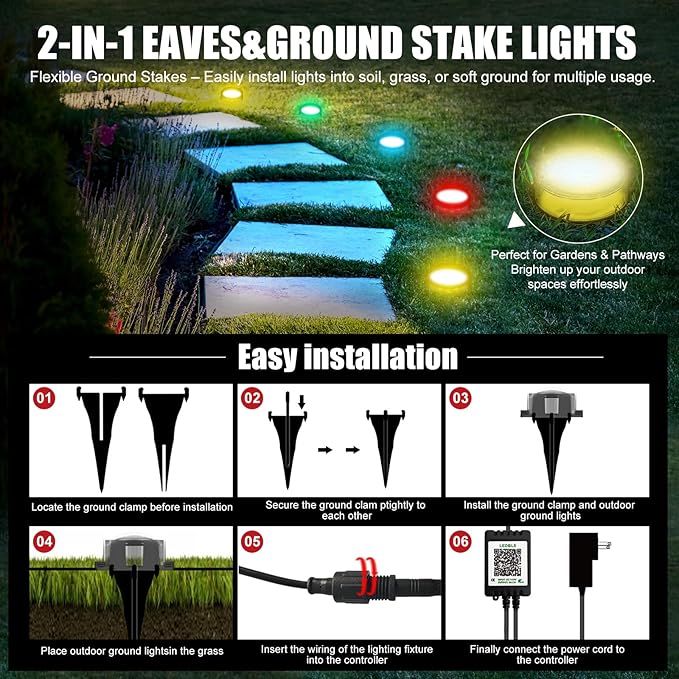 200 FT Permanent Outdoor Lights, Waterproof 2-in-1 Eaves & Ground Stakes LED String Lights with App/Remote Control for House, Garden– Smart Color-Changing Lighting for Halloween Christmas Decorations
