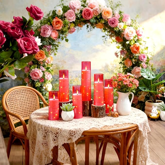 Flickering Flameless LED Candles,Battery Operated Candles 9 Pcs with Embedded Star String,Acrylic LED Pillar Candles with Remote,Suitable for Home Decoration to Create an Atmosphere (Pink)