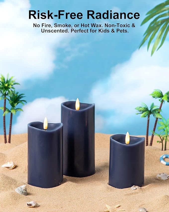 Navy Blue Flameless Candles with Remote and Timer, Real Wax Made LED Pillar Candles Battery Operated with 3D Flickering Flame Melted Top, 3" x 4",5",6", Navy Blue Decor, Set of 3