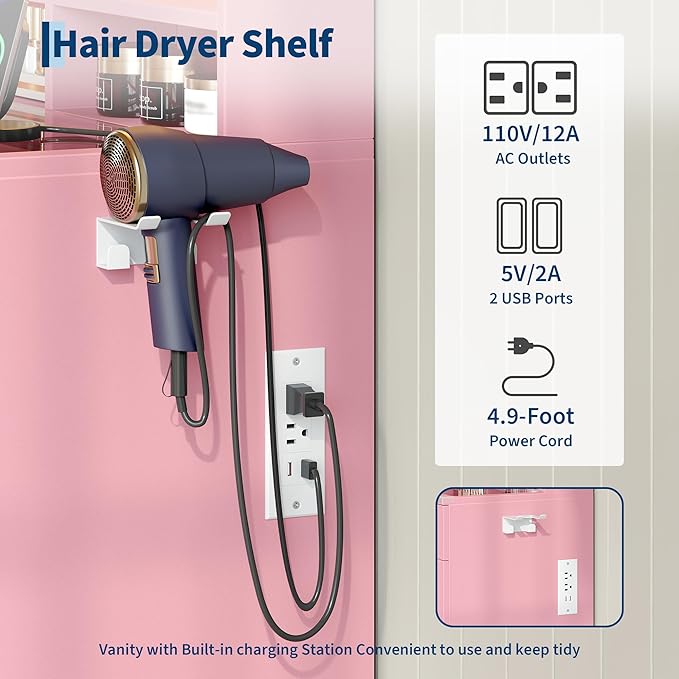 IDEALHOUSE Vanity Desk with Mirror and Lights, Makeup Table with Glass Top & 8 Drawers, 3-Color LED Mirror, Power Outlets & USB, Hair Dryer Holder, Stool Included, Dressing Table Set for Bedroom