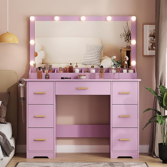 44" Vanity Desk with Mirror and Lights, Glass Top Makeup Vanity with RGB Ambient Lights & 7 Drawers, Large Dressing Table with Power Outlet for Bedroom, Purple