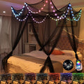 Bed Canopy with LED Star Lights, Black Canopy Bed Curtain with RGB Color Changing String Lights with Smart App Control Remote for Princess Girls Bedroom, Suggested for Twin Full Queen King Bed