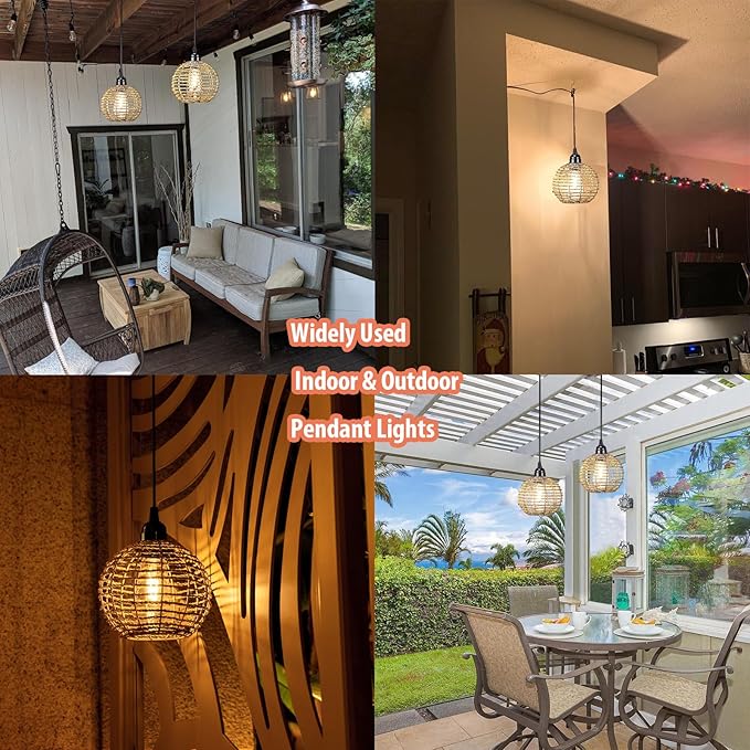 Battery Operated Hanging Pendant Lantern Lights, Outdoor Chandelier Light with Warm White LED Bulb, Handwoven Seagrass Ball Shade, Brightness Timer Adjustable for Patio Tree Pergola Gazebo Porch-2Pack