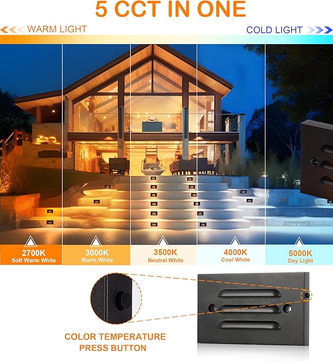 CLOUDY BAY 4 Inch 5CCT 12V 4W Low Voltage LED Step Light with Horizontal Louvered Faceplate for Steps Decks Stairs,Outdoor Stair Lights,Wet Locations,6 Pack,Black