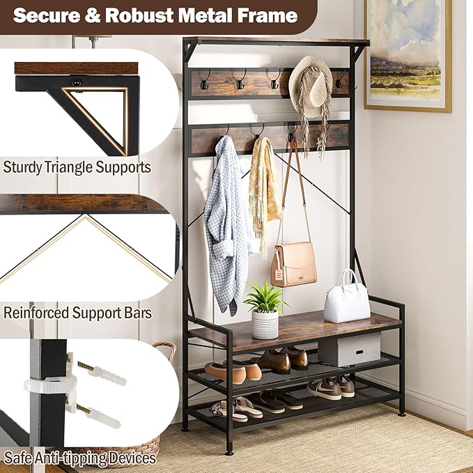 Giantex 4-in-1 Hall Tree with Bench and Shoe Storage, 72.5" Freestanding Coat Rack with Shoe Bench, 11 Hanging Hooks, Anti-Tipping Kits, Industrial Mudroom Storage Organizer for Entryway, Hallway