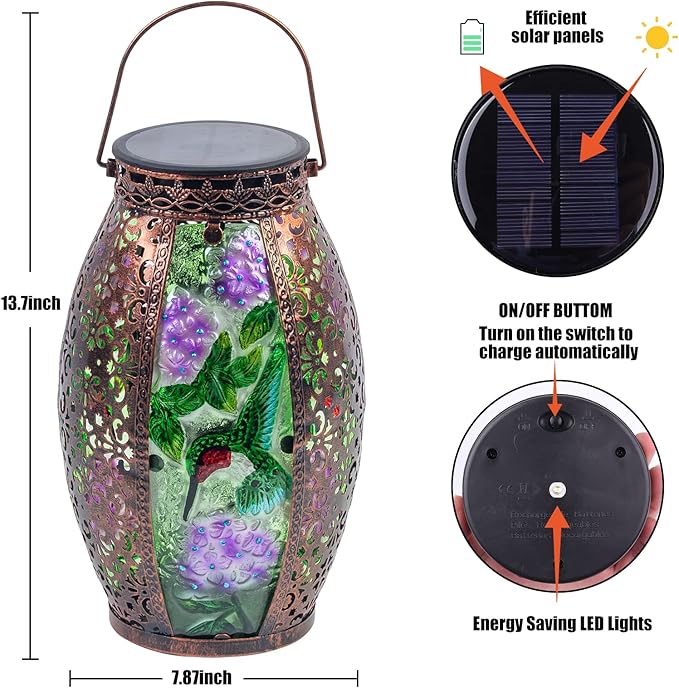 Larekook Hummingbird Solar Lanterns Outdoor Waterproof,13" Metal Hanging Christmas Decorative Lantern,Large Hummingbird Solar Lights for Outside Yard Porch Patio Garden Decor,Birthday Gifts for Women