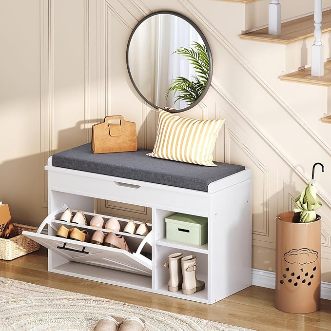 HOOBRO Shoe Storage Bench with Cushion, Modern Entryway Bench with Flip Drawer and Hidden Top Compartment, Shoe Cabinet with Seat and Adjustable Shelves for Hallway, 31.5" L, White and Gray, WG55HX01