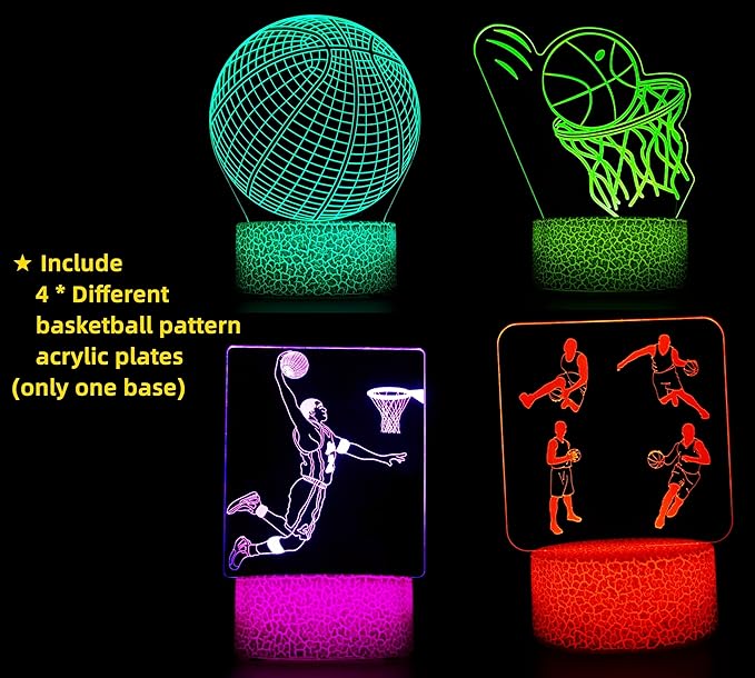 4 Patterns Basketball Night Light,3D Hologram Illusion Basketball Lamp,Dimmable Remote Control/Smart Touch,16 Colors Changing Light,Room Decor Bedside Desk Lamp,Basketball Gift for Boys (style 8)