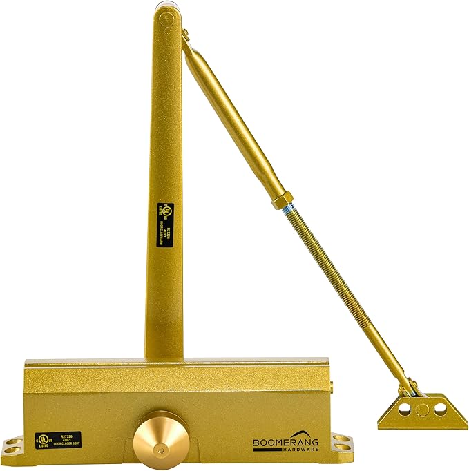Boomerang Medium/Heavy Duty Automatic Commercial Door Closer -D4016 Surface Mounted, Grade 1- ADA & UL 3 Hour Fire Rated, Adjustable Size 1-6 for Entry & Aluminum Storefronts, Painted Brass/Gold (US4)