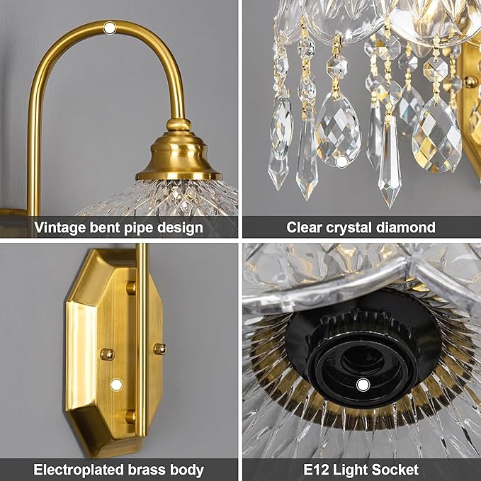 2-Pack Vintage Wall Sconce,Glass Crystal Wall Sconce, Antique Brass Finish Set of Two for Bedroom Bathroom Hallway Living Room Decor