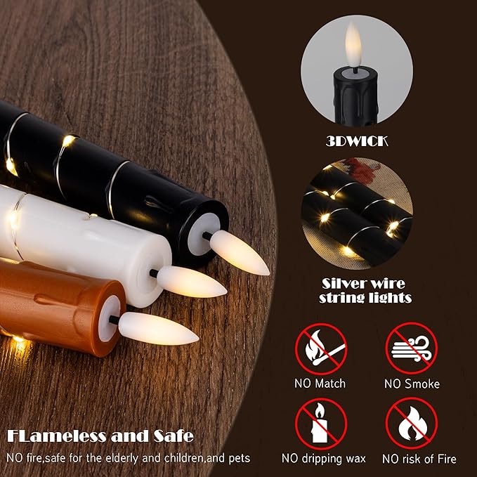 Flameless LED Taper Candles Flickering with Remote & Timer for Halloween Decorations，Battery Operated Candles, Arounded with Starlight String, Party & Home Decoration, Pack of 6,Black