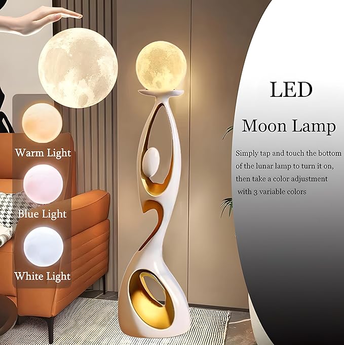 Bofea-Lunar Lamp Modern Standing Lamps for Living Rooms & Offices,Great Living Room Décor,White Gold Tall Light with 3D Printing Frosted Moon Globe Shade, Mid Century Floor Light for Bedroom Reading