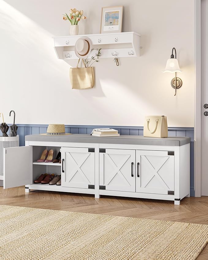 Shoe Storage Bench, 2 Tier Shoe Bench with Padded Seat Cushion & 4 Barn Doors, 59" Entryway Bench with Adjustable Shelf, Farmhouse Shoe Cabinet for Living Room, Bedroom, White SB31503GY