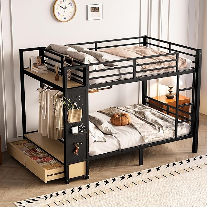 Bellemave Full Over Full Metal Bunk Bed with Storage Drawers and Shelves, Heavy Duty Bunk Beds with Pegboard and Coat Rack for Kids, Adults,Black、